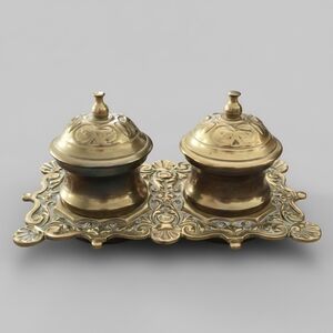 Antique Brass Double Inkwell Ornate Victorian Glass Inserts